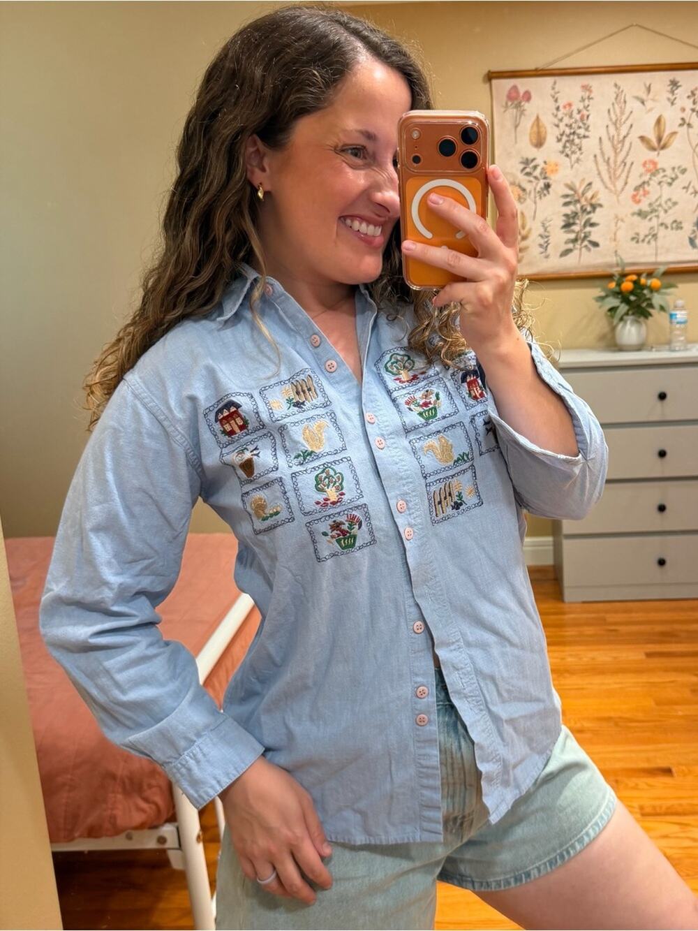 Vintage Citi-Craze Light Blue Embroidered Button-Up Shirt Patchwork Small